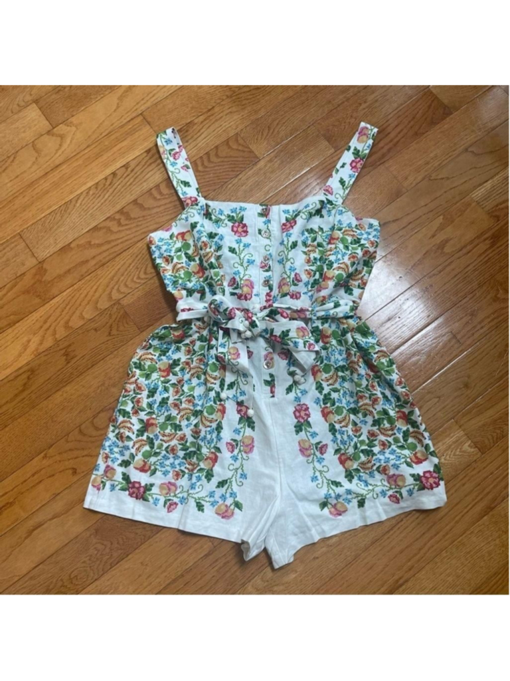 Farm Rio Crosstitch Floral Belted Romper linen blend off-white Cottagecore Sz XL - Picture 6 of 15
